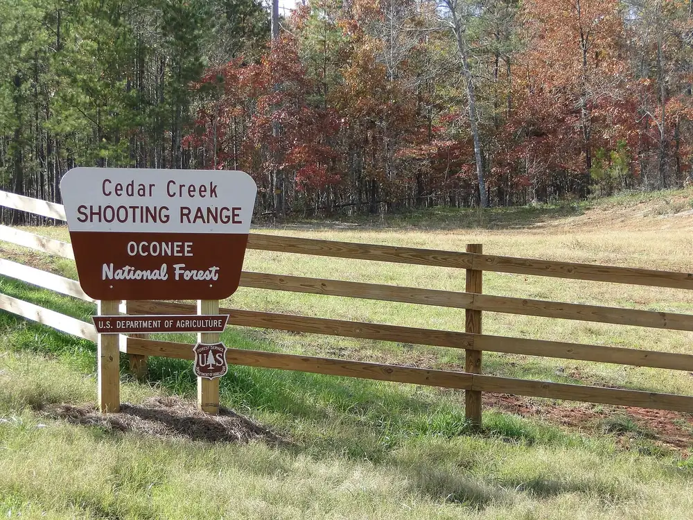 Cedar Creek Shooting Range sign in Oconee National Forest, Georgia