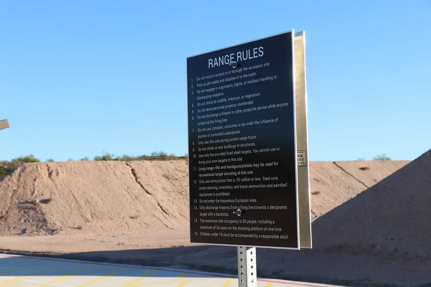 Posted range rules sign at the Church Camp Road recreational shooting site in Arizona